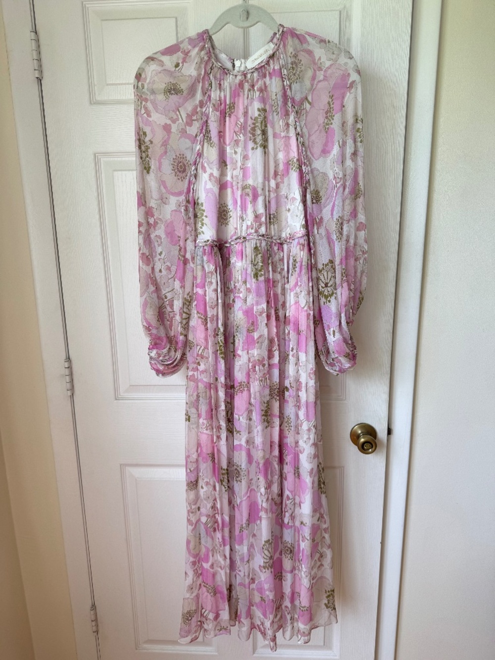 Zimmermann Pink Floral Long Sleeve Braided Trim Midi Dress Size 2